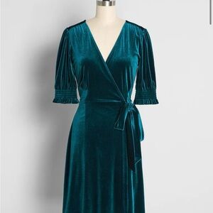 Modcloth Blue Wrap Midi Dress with Above Elbow Sleeves